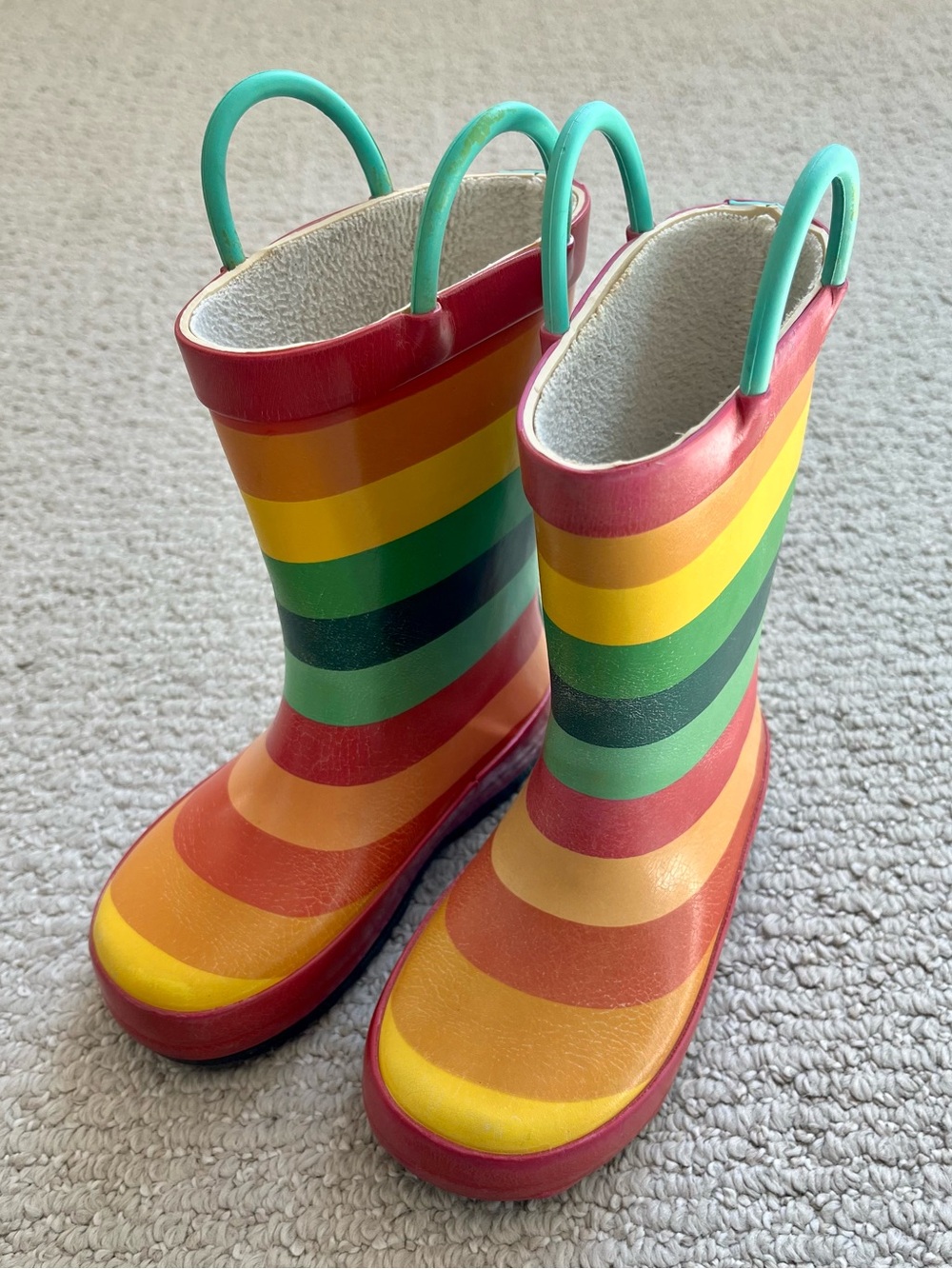 Rainbow Stripe Toddler Rain Boots with Teal Pull Handles - Size 7